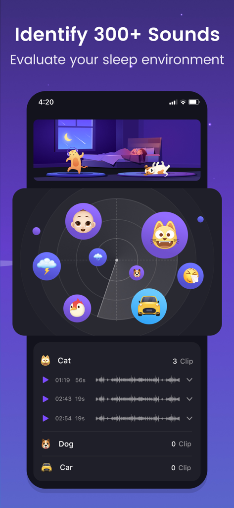 Mintal Tracker:Sleep Recorder - Mintal Tracker App-Oberfläche mit identifizierten Umgebungsgeräuschen während des Schlafs auf einem Radar und einer Liste aufgezeichneter Clips