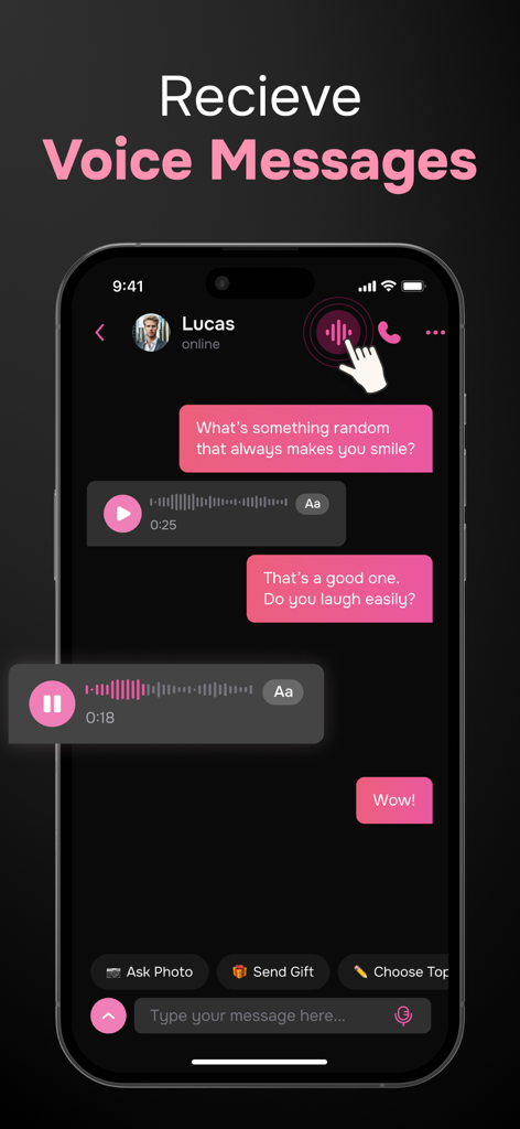 Chat interface of the FriendX app showing voice messages and text conversation with a virtual boyfriend named Lucas.