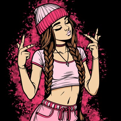 realistic teenage girl with braids and a beanie and crop top doing 🫶🏼