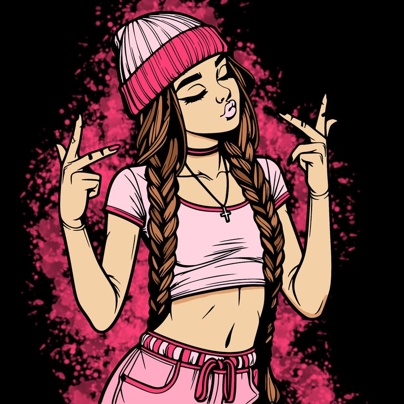 realistic teenage girl with braids and a beanie and crop top doing 🫶🏼