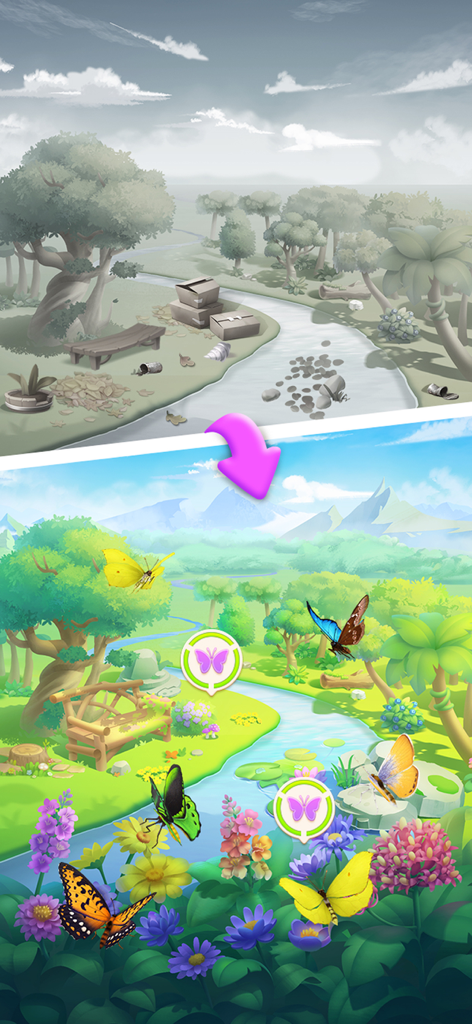 Solitaire Butterfly - A grayscale landscape transforming into a colorful garden filled with butterflies and flowers.