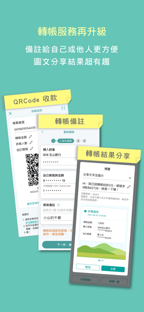 Captures d'écran de l'application E.SUN Mobile Bank présentant la collecte par code QR, l'ajout de notes de virement et le partage des résultats de transaction.