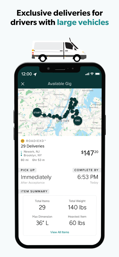 Roadie Driver - Roadie Driverアプリのインターフェース。ルートマップと収益情報が表示された、大型車両向けの複数の配達ギグが利用可能であることを示しています。