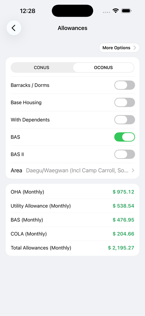 A screen from the Military Net Pay app showing calculated OCONUS allowances including OHA, BAS, and COLA for a service member in South Korea.