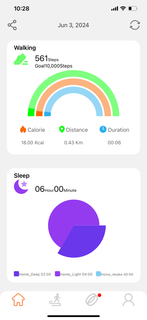 JRing - JRing app dashboard displaying daily walking steps progress and sleep analysis summary