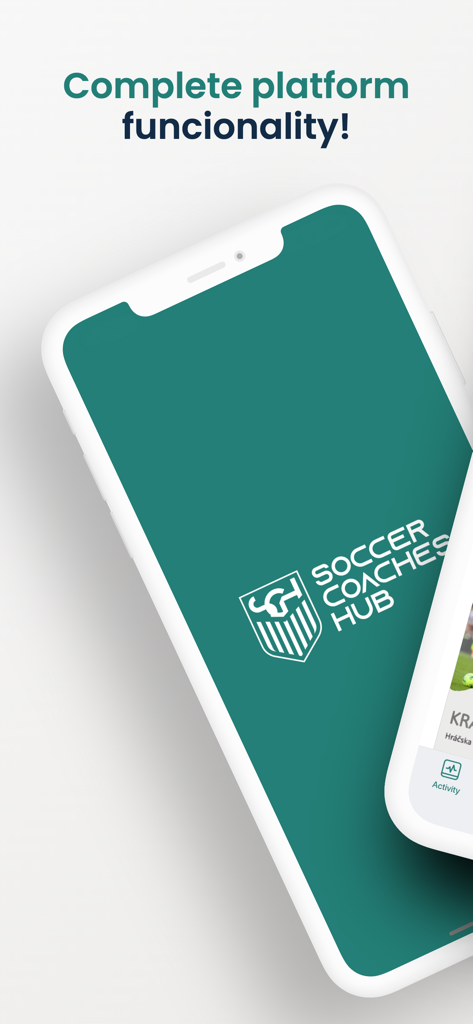 Soccer Coaches Hub - Soccer Coaches Hub mobile app splash screen on a smartphone displaying the brand logo and the text complete platform functionality
