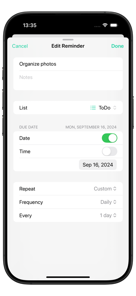 To Do List - Reminders & Tasks - A screenshot showing the edit reminder screen of the To Do List app with options for setting dates and task repetition