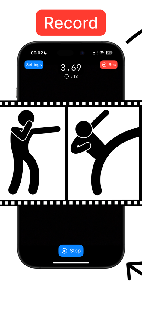 Loovre - loop video recorder - Loovre app interface showing an active video recording of martial arts drills with a round timer