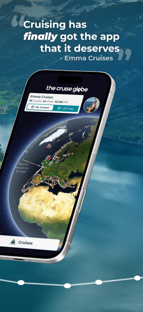 The Cruise Globe - The Cruise Globe app interface showing a 3D world map with historical cruise ship routes and nautical statistics
