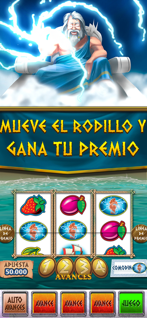 Troya - Máquina Tragaperras - Classic bar-style slot machine interface with a Zeus mythology theme and Spanish text