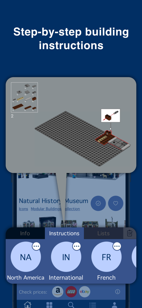 omgbricks for LEGO Sets - Interface of the omgbricks app showing digital step by step LEGO building instructions for a modular museum set.