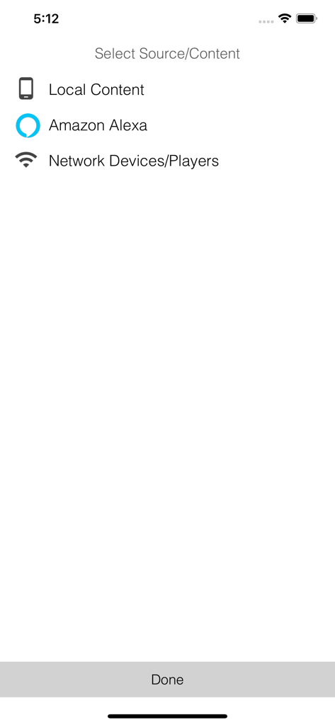 Hama Smart Audio app screen for selecting audio sources like local content, Amazon Alexa, and network devices.