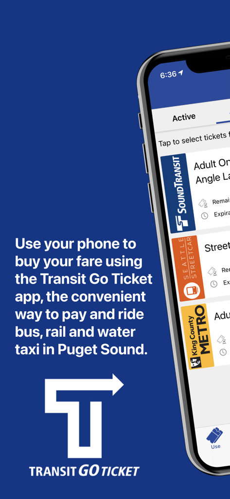 Transit GO Ticket - Transit GO Ticket app interface showing mobile tickets for Puget Sound transit agencies