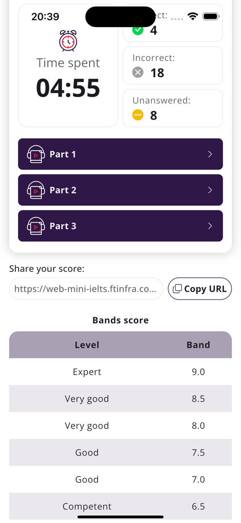 Mini IELTS - A summary screen of a Mini IELTS practice test showing time spent, score breakdown, and a band score conversion table.