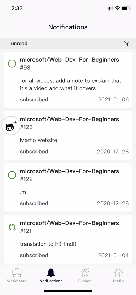 ZLGithubClient - Uma lista de notificações do GitHub não lidas no aplicativo móvel ZLGithubClient.
