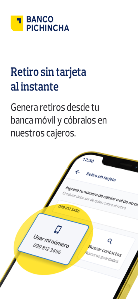 Bildschirm der mobilen App der Banco Pichincha, der die Benutzeroberfläche für Bargeldabhebungen ohne Karte zeigt