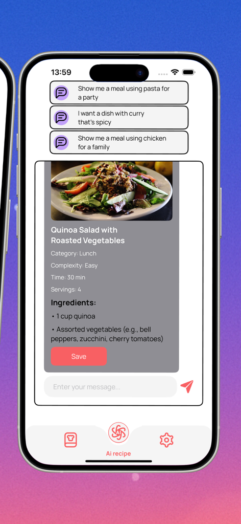 Chef Master AI mobile app interface showing an AI generated quinoa salad recipe with ingredients and chat prompts