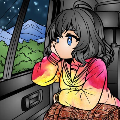 anime girl sighing with elbow on window sill on the back seat of the car looking outside the window of the car