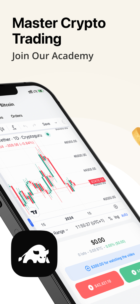 A mobile phone screen displaying a Bitcoin candlestick chart within the Cryptoguru Trading Academy app