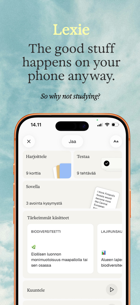 LexieLearn - A smartphone showing the LexieLearn app interface with study tools for practice and testing.