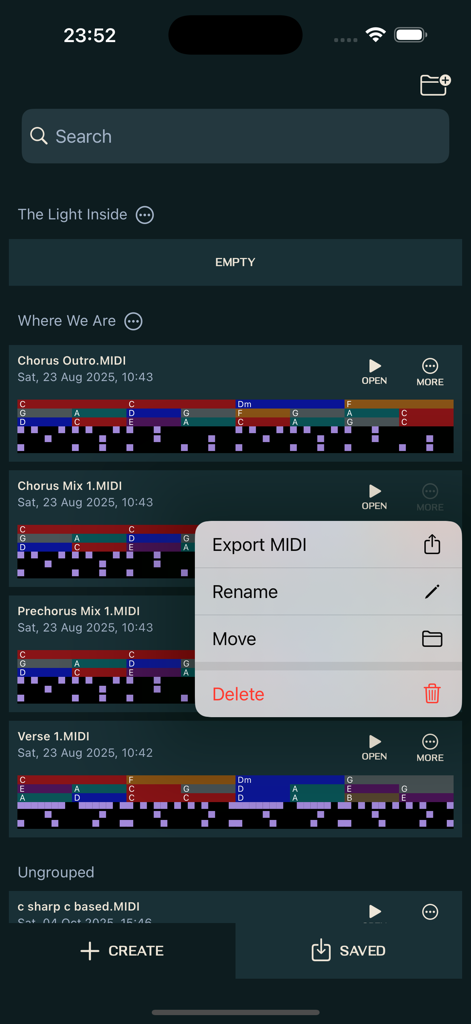 Loop Maker - Create Music Fast - The saved loops library in Loop Maker showing a list of MIDI files and an export menu.