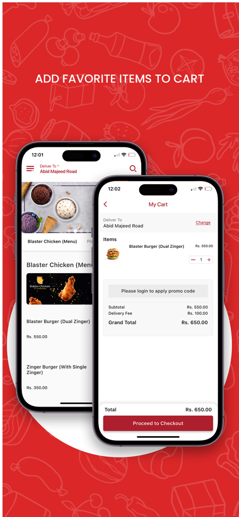 Jazeera Foods - Jazeera Foods mobile app interface showing a food menu and the shopping cart checkout screen