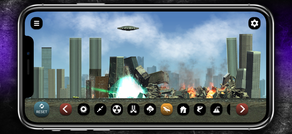 City Smash - City Smashのゲームプレイ。UFOが都市を攻撃し、爆発で建物が崩壊している様子。