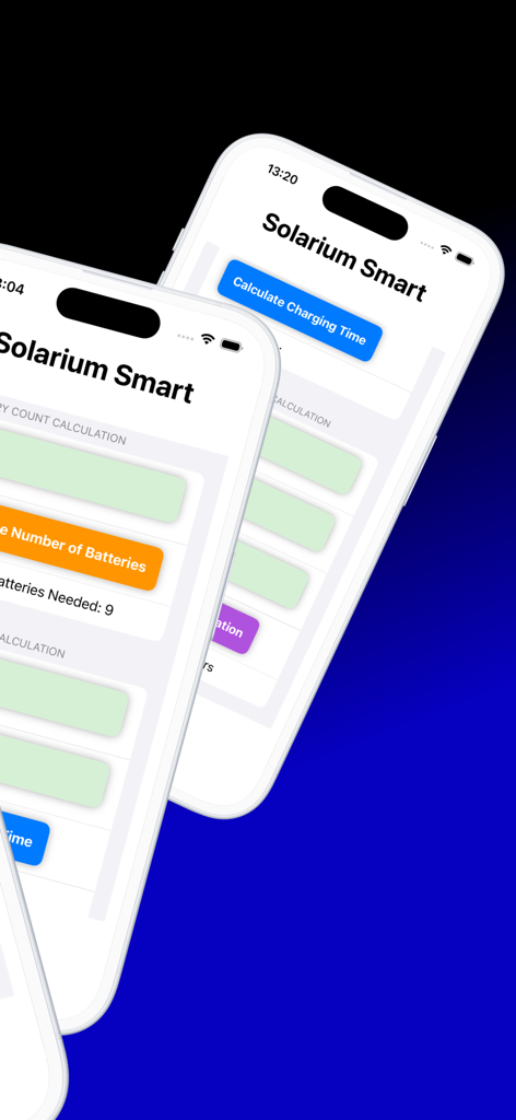 Interface do aplicativo Solarium Smart mostrando cálculos de bateria solar e de carregamento