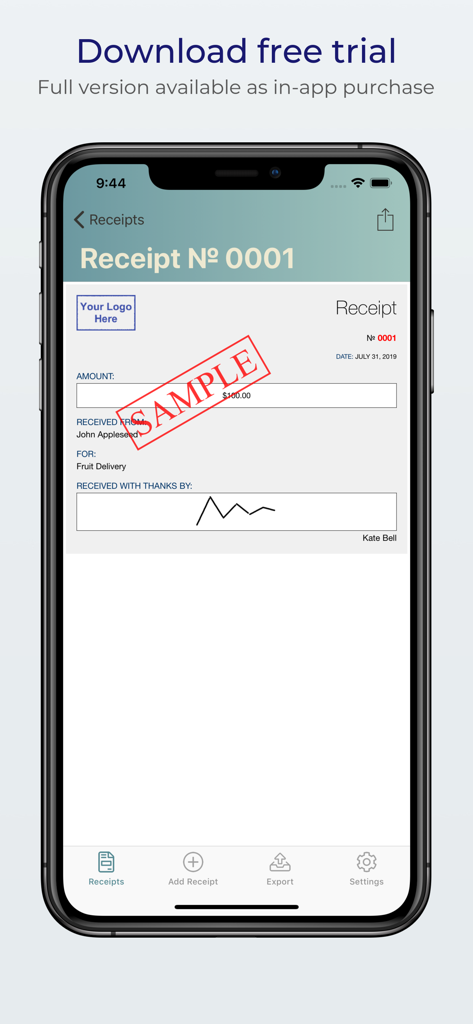 Interfaz de una aplicación móvil que muestra un recibo digital con una firma y una marca de agua de ejemplo