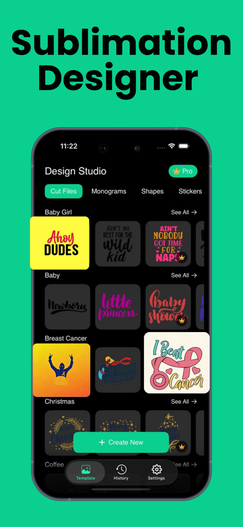 Craft Me: Sublimation Designer - The Design Studio interface of the Craft Me app displaying various sublimation templates for babies and awareness themes like breast cancer and Christmas.