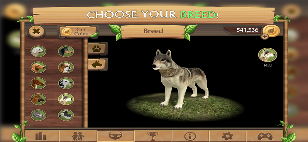 Dog Sim Online: Build A Family - Interface showing the dog breed selection menu in Dog Sim Online with icons for different breeds and a 3D wolf model.