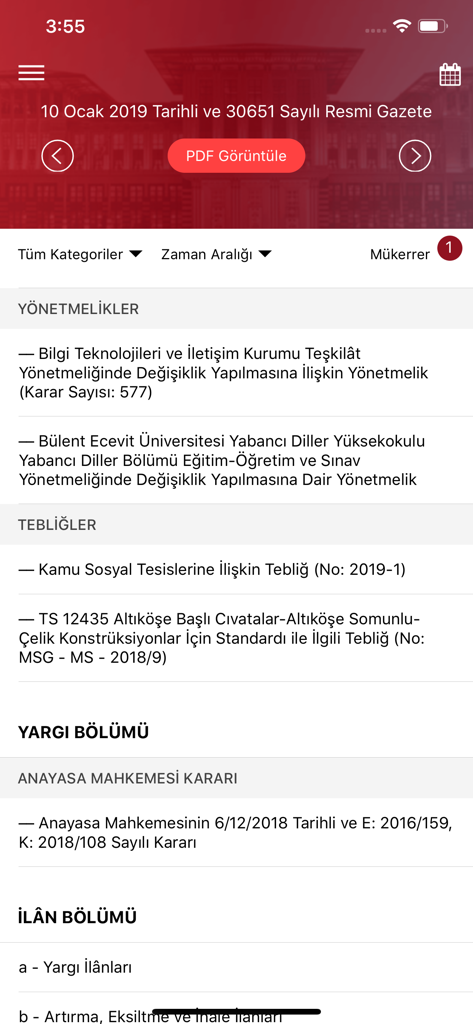 T.C. Resmi Gazete - The main screen of the T.C. Resmi Gazete mobile app showing legal categories and official publications.
