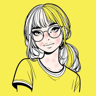 realistic girl with freckles and clear glasses