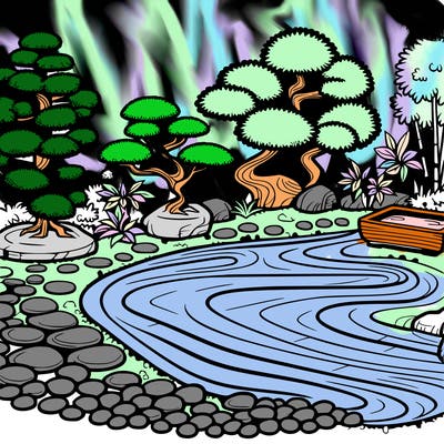 a serene zen garden with raked gravel, bonsai trees, and tranquil ponds