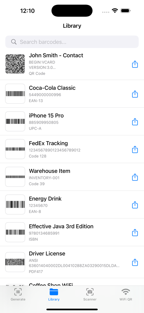 Barcodes Generator Unlimited - Library view of the Barcodes Generator Unlimited app showing saved QR codes, UPC, EAN, and ISBN barcodes for inventory management.