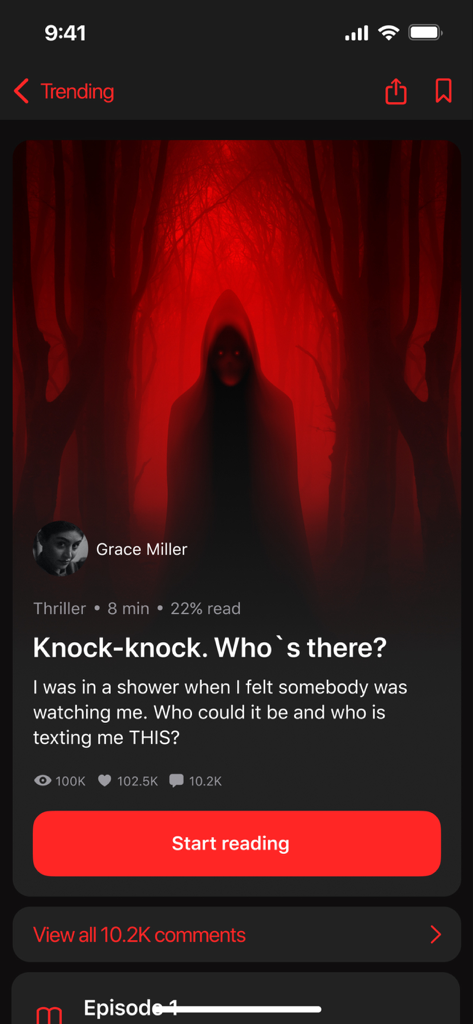 Mobile app screen for a thriller chat story titled Knock knock Whos there