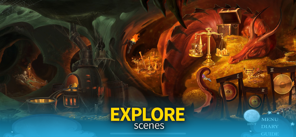 Eine Fantasy-Wimmelbildszene aus ReDrawn The Tower mit einem schlafenden roten Drachen auf einem Haufen Goldmünzen in einer Höhle