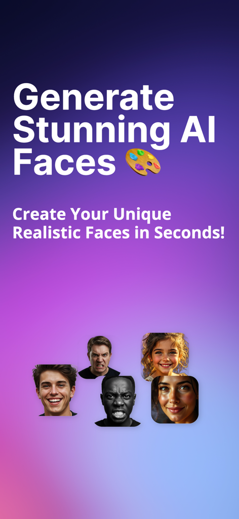 リアルなAI生成顔と「素晴らしいAI顔を生成」というスローガンが表示されているアプリ画面