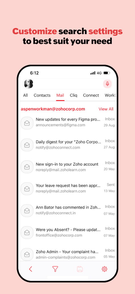 Zoho Workplace - Pantalla de la aplicación Zoho Workplace que muestra resultados de búsqueda unificados en el correo electrónico y otras herramientas integradas con opciones de personalización