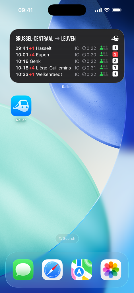 Railer – Train timetable - Widget de l'application Railer sur l'écran d'accueil d'un iPhone affichant en temps réel les départs et les retards des trains belges.