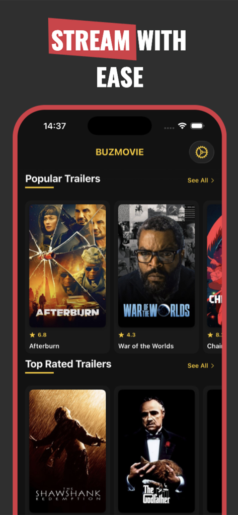 Buz Movie - Interface de l'application Buz Movie montrant des bandes-annonces populaires et des films les mieux notés en mode sombre.