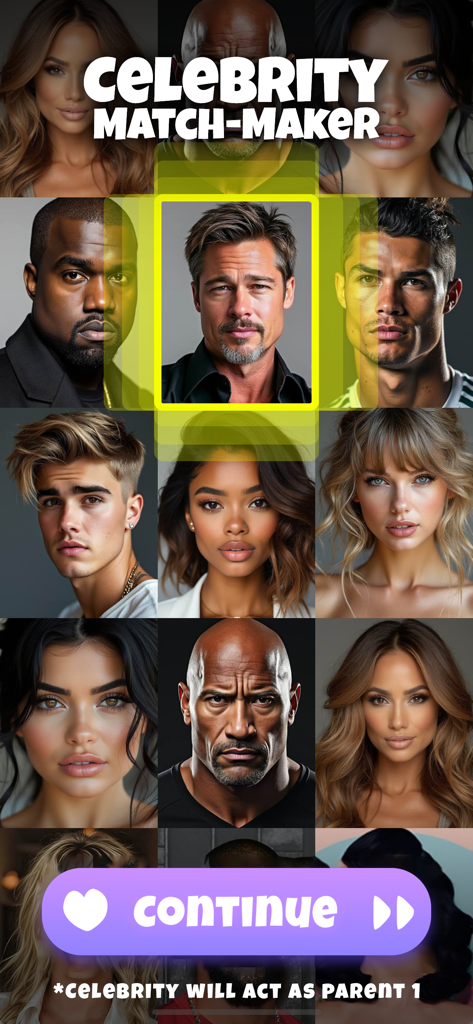 Make A Baby AI Future Face - Interface showing a grid of celebrities to select as parent one in the Make A Baby AI app.