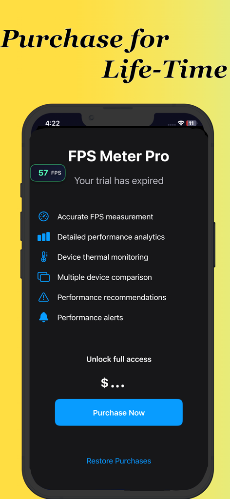 Fps Meter - FPS Meter Pro app interface showing lifetime purchase options and a list of professional performance monitoring features.