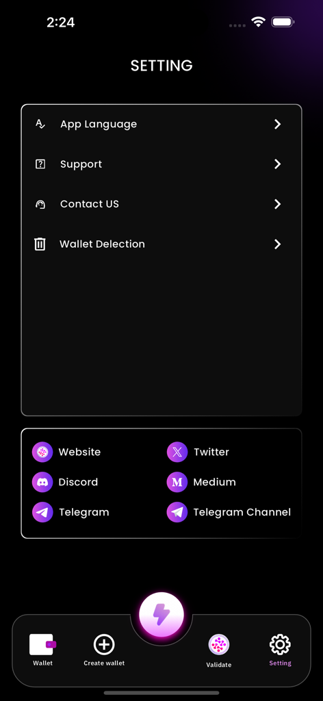 mobiNODE - Tela de configurações do aplicativo mobiNODE mostrando opções de suporte e links de mídia social da comunidade