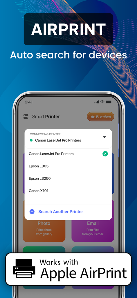 Smart Air Print App & Scan - Interfaz de la aplicación Smart Air Print en iPhone mostrando una lista de impresoras detectadas para conexión inalámbrica.