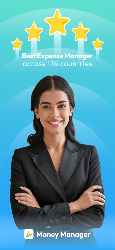 Money Manager - Budget & Track - Una mujer profesional sonriente parada debajo de una calificación de cinco estrellas para la aplicación Money Manager