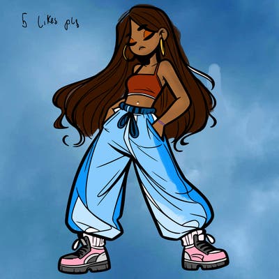 girl in baggy pants crop top and long hair