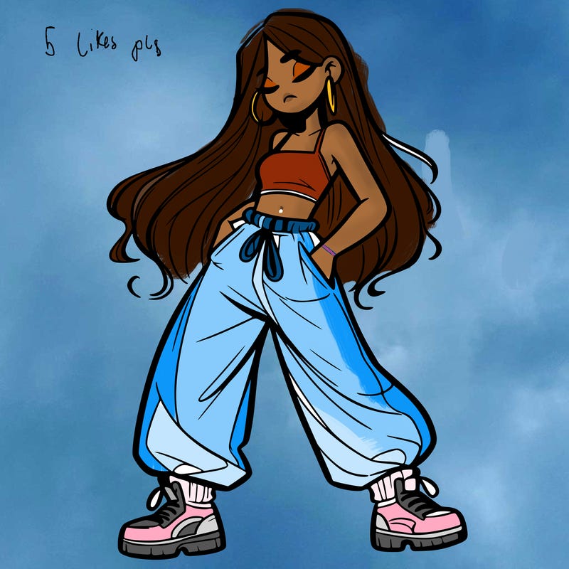 girl in baggy pants crop top and long hair