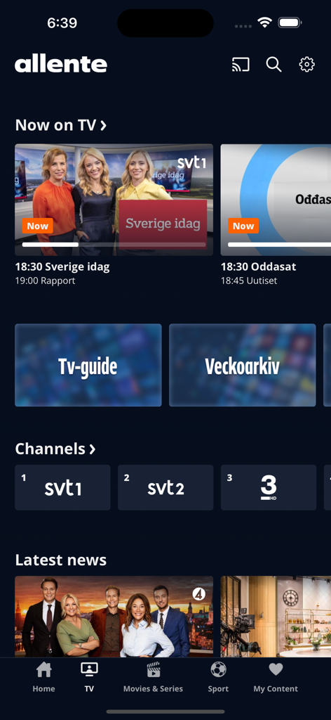 L'écran d'accueil de l'application Allente affiche les programmes TV en direct et le guide des chaînes.