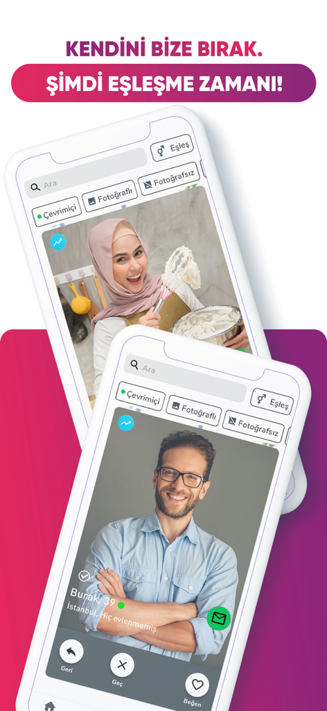 Interface of the Gonulden Sevenler Turkish matrimonial app showing user profiles and match suggestions
